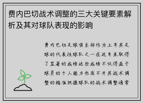 费内巴切战术调整的三大关键要素解析及其对球队表现的影响 费内巴切战术调整的三大关键要素解析及其对球队表现的影响