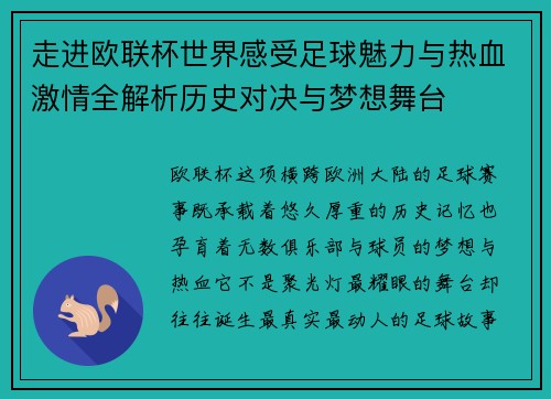 走进欧联杯世界感受足球魅力与热血激情全解析历史对决与梦想舞台
