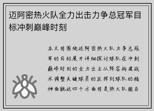 迈阿密热火队全力出击力争总冠军目标冲刺巅峰时刻 迈阿密热火队全力出击力争总冠军目标冲刺巅峰时刻