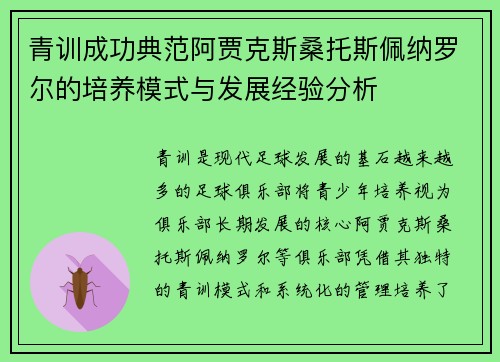青训成功典范阿贾克斯桑托斯佩纳罗尔的培养模式与发展经验分析 青训成功典范阿贾克斯桑托斯佩纳罗尔的培养模式与发展经验分析