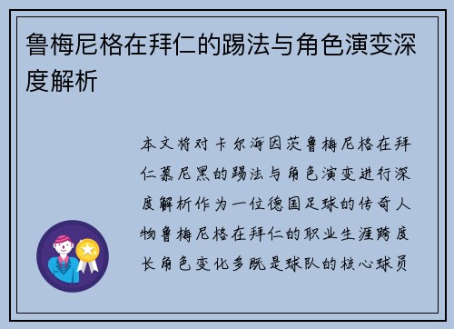 鲁梅尼格在拜仁的踢法与角色演变深度解析